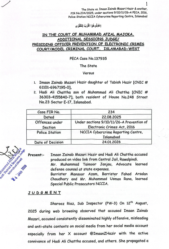 PECA Case # 137935 The State Vs Imaan Zainab Mazari and Hadi Ali Chattha